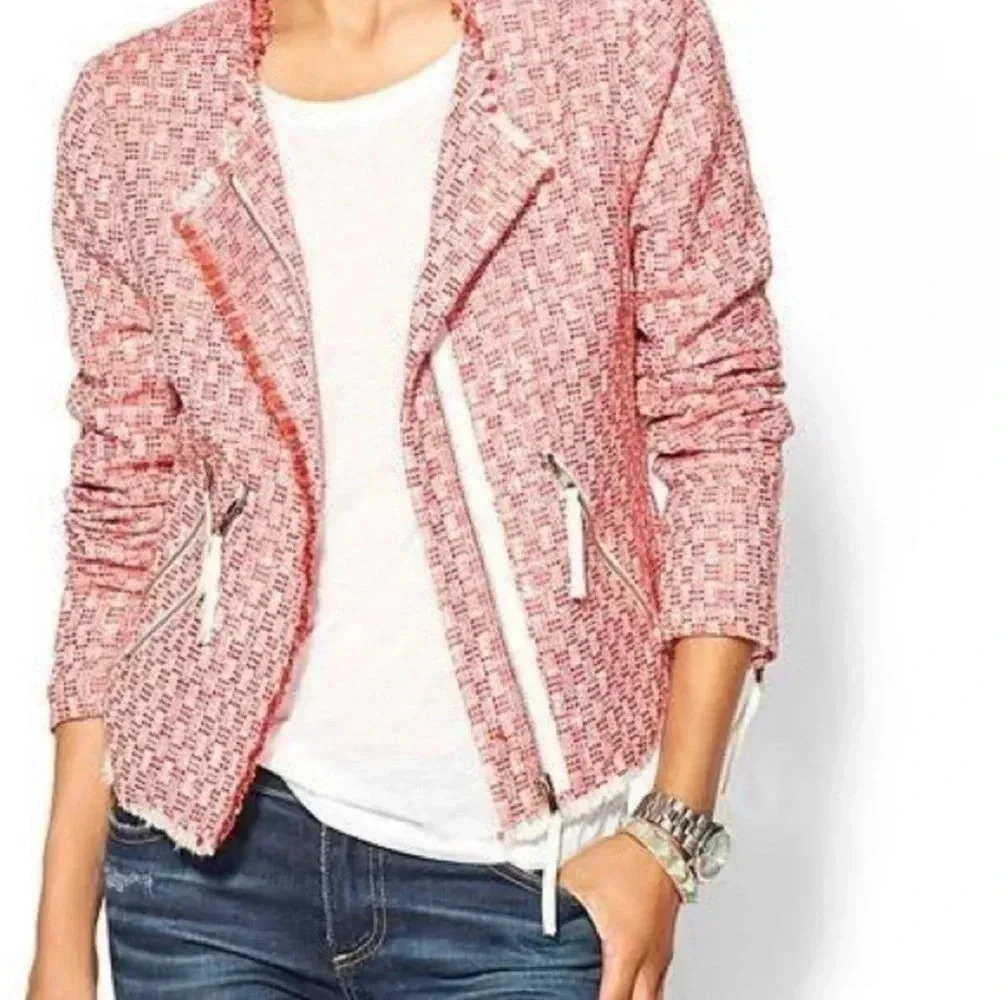 Woven Pink Tweed Moto Blazer Jacket - Unbranded